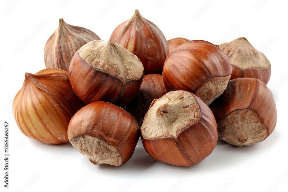 Close-up of hazelnuts on solid white background. Artificial intelligence image Close-up of hazelnuts on solid white background. Artificial intelligence image