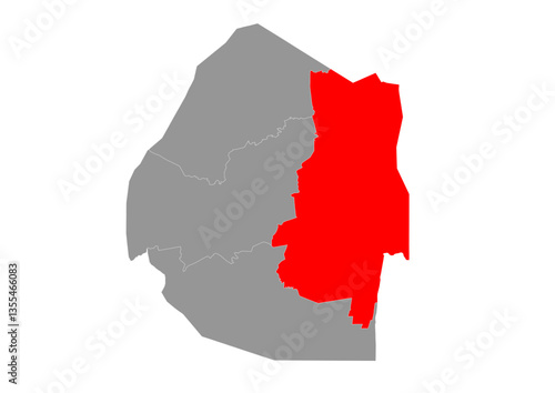 red colored vector silhouette of the location map of the region of lubombo in the country of eswatini