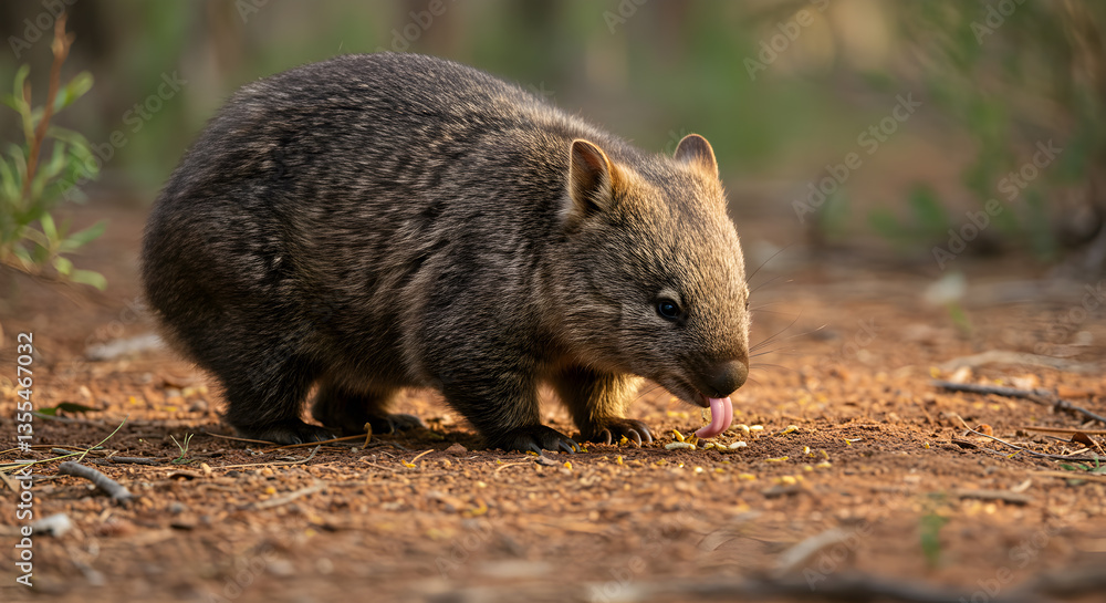 Wombat Eating on Ground in Natural Habitat Close Up View Wombat Eating on Ground in Natural Habitat Close Up View