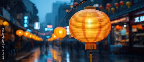 Wallpaper Mural Illuminated lanterns illuminate a rain-soaked street at night, creating a warm, inviting atmosphere.  The city's lights blur in the background Torontodigital.ca