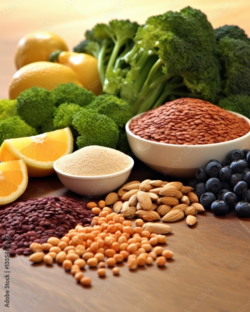 Assortment of Healthy Foods on Wooden Surface Featuring Lemons, Broccoli, Almonds, Blueberries, and Various Grains. Close-up shot Assortment of Healthy Foods on Wooden Surface Featuring Lemons, Broccoli, Almonds, Blueberries, and Various Grains. Close-up shot
