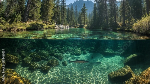Crystal-clear river above and below waterline, showing fish and rocky riverbed, surrounded by lush forest and mountains.
