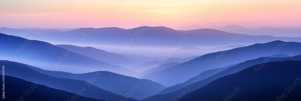 Obraz premium Ethereal Ridge Silhouettes: The Serene Beauty of Layered Mountain Ranges at Dusk