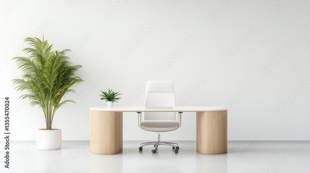 Modern minimalist office space. Empty desk with chair and plant Modern minimalist office space. Empty desk with chair and plant
