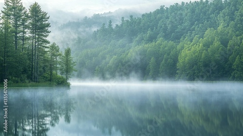 Misty morning lake reflecting lush green forest. (1)
