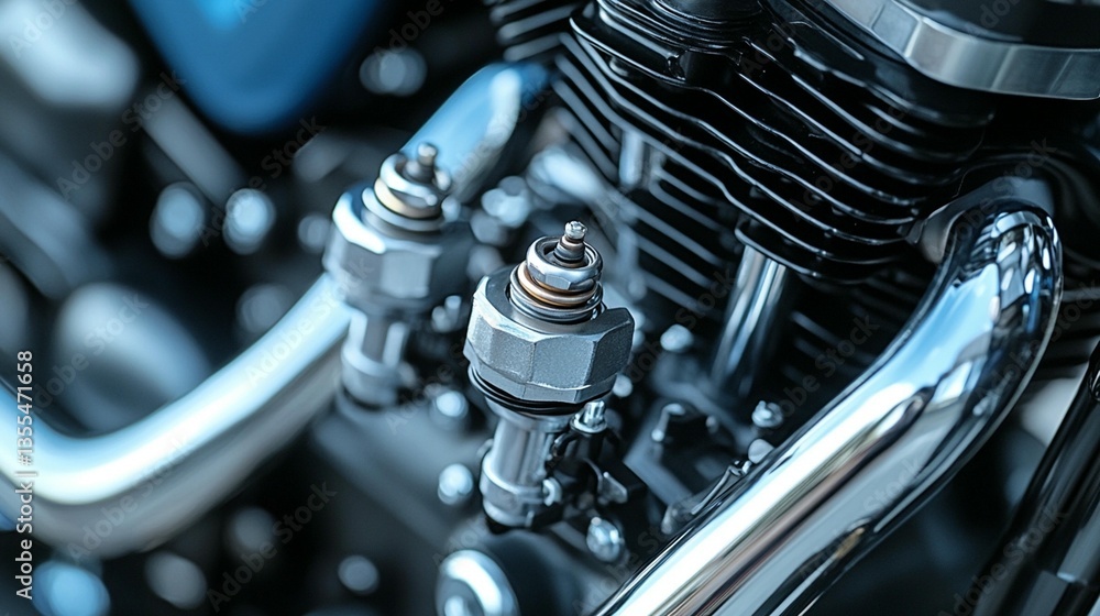 Fototapeta premium Close-up of a gleaming motorcycle engine, showcasing spark plugs and chrome details.