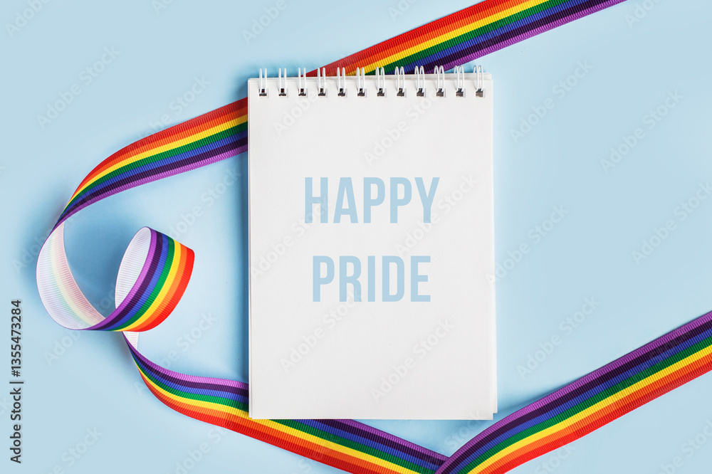 Obraz premium LGBT raibow flag ribbon with notebook or note mock up on light blue background. Flat lay, top view, trendy minimal composition, concept of gay pride of proud month lgbtq community. Cultural divesity