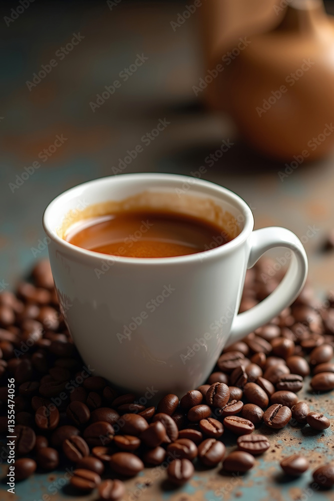 Fototapeta premium Freshly brewed espresso with a rich golden crema in a white ceramic cup, surrounded by aromatic roasted coffee beans