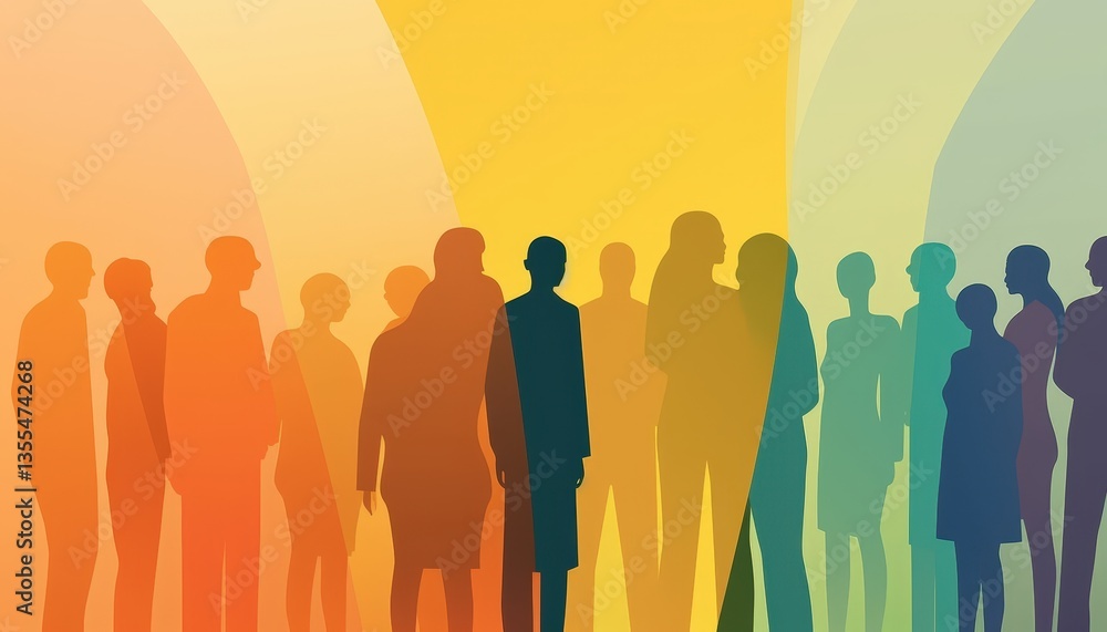 Fototapeta premium Silhouettes of People in Group Gathering Against Yellow Abstract Gradient