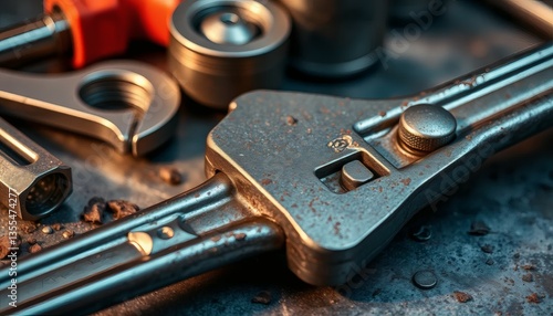 Wallpaper Mural Rusty Adjustable Wrench and Tools Close Up on a Metallic Surface Torontodigital.ca