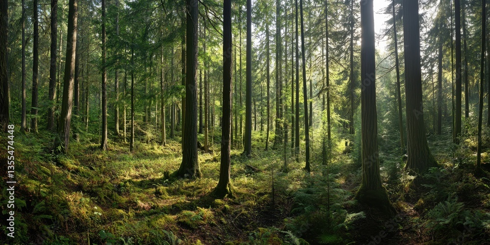 Obraz premium Bosque frondoso con árboles y luz solar