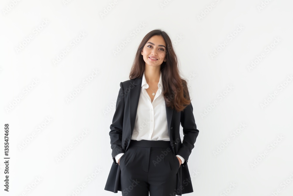 Half-Length (Waist-Up) portrait of young stylish smiling Lebanese female model in business wear isolated on pure white background looking at camera Half-Length (Waist-Up) portrait of young stylish smiling Lebanese female model in business wear isolated on pure white background looking at camera