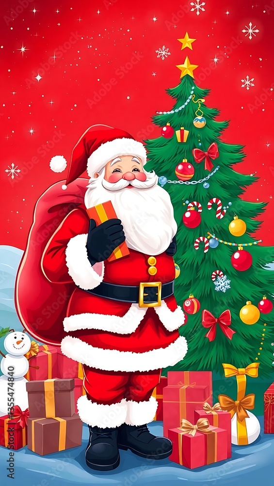 Fototapeta premium Santa Claus Holding Gifts in Front of a Christmas Tree - Festive Holiday Art, Santa Claus with Gifts, Christmas Celebration Scene, Festive Holiday Illustration, Magical Christmas Scene Santa 8K HD