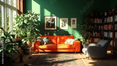 Sala de estar luminosa y acogedora con plantas y sofá naranja