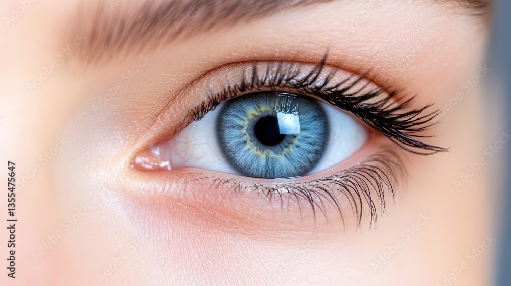 Obraz premium Close-up of a beautiful light blue eye. Detailed view of the iris, eyelashes, and skin