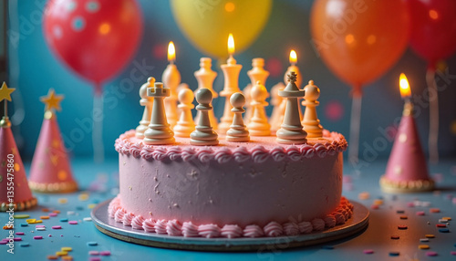 Chess-themed birthday cake with candles and colorful balloons  