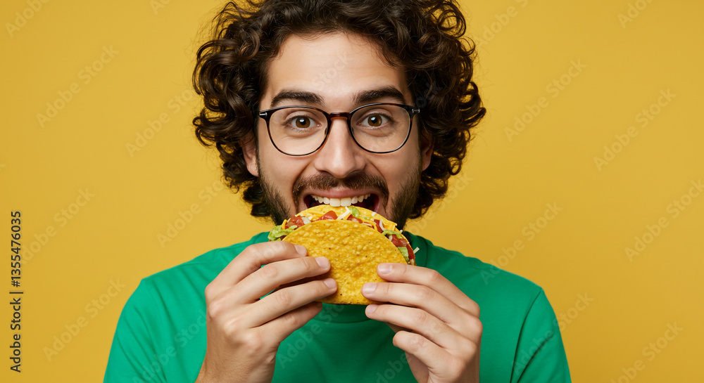 A man with joyful eyes savoring a delicious taco, a vibrant moment captured against a sunny yellow backdrop. A man with joyful eyes savoring a delicious taco, a vibrant moment captured against a sunny yellow backdrop.