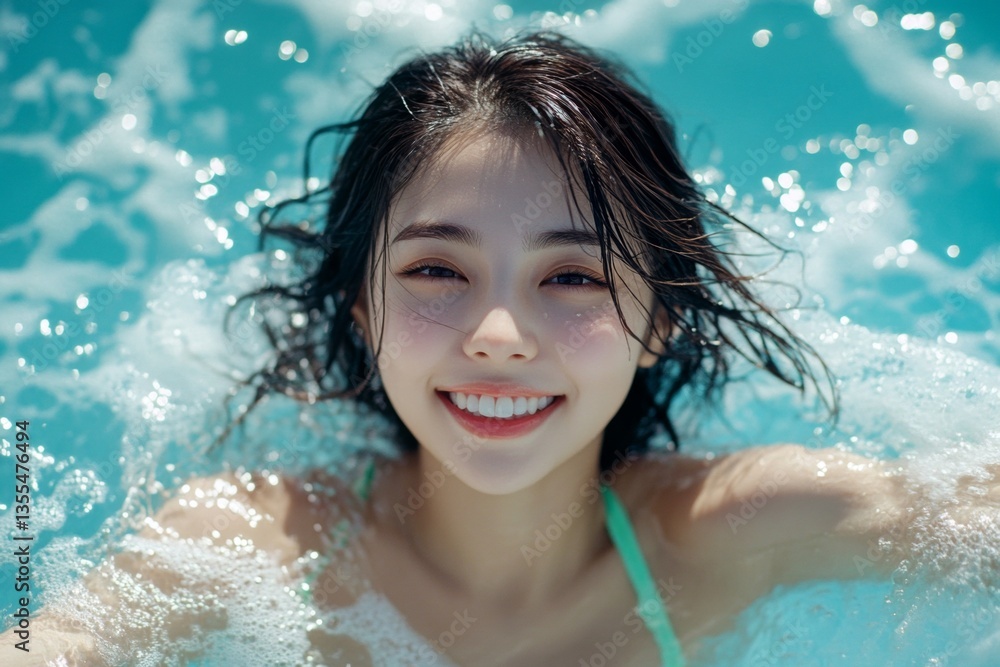 Bright Ñommercial style. Summer fun in the sea. Happy stress-free travel getaway conceptual art. Pretty and hot happy asian young woman in green enjoying turquoise sea, splashes around her. Bright Ñommercial style. Summer fun in the sea. Happy stress-free travel getaway conceptual art. Pretty and hot happy asian young woman in green enjoying turquoise sea, splashes around her.
