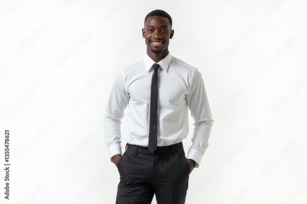 Half-Length (Waist-Up) portrait of young stylish smiling Liberian male model in business wear isolated on pure white background looking at camera Half-Length (Waist-Up) portrait of young stylish smiling Liberian male model in business wear isolated on pure white background looking at camera