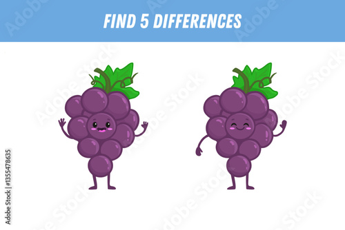Find 5 differences between two pictures of cute grape. Cartoon character in flat style. Educational logical game for children. Vector illustration