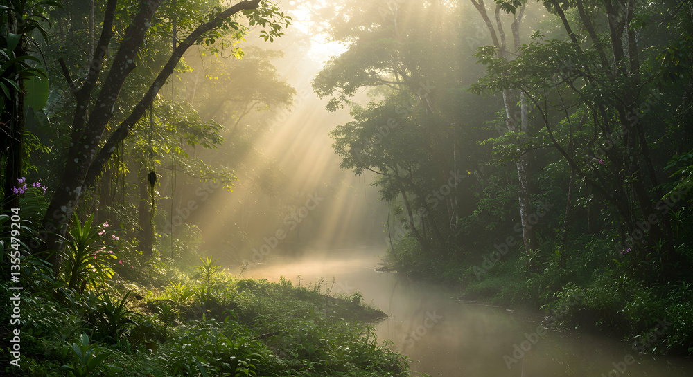 Obraz premium Rays of Sunlight Streaming Through Forest Canopy Over Calm River