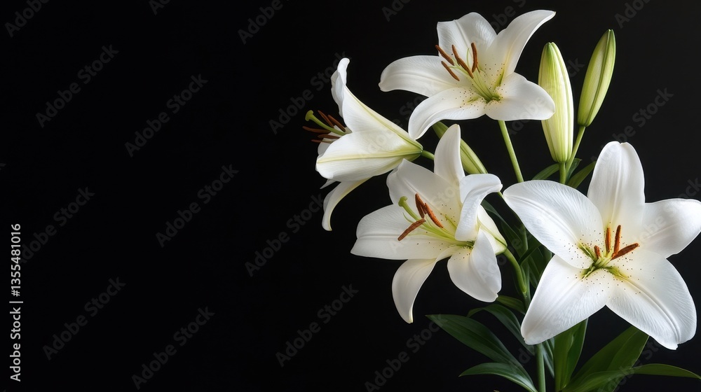 Fototapeta premium White Lilies on Black Elegant Floral Still Life.