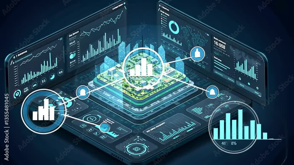 City Digitalization Concept with Data Visualization on Screens for Smart Urban Planning City Digitalization Concept with Data Visualization on Screens for Smart Urban Planning