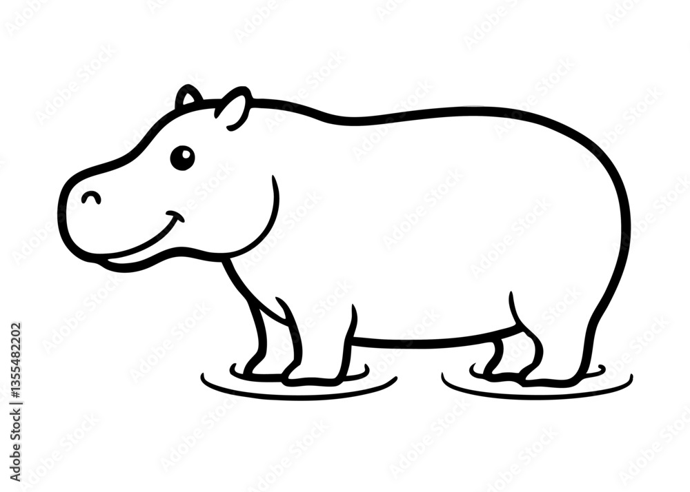 Obraz premium Cheerful Hippo Outline: This adorable cartoon hippo is portrayed in an outline style, perfect for coloring or graphic design projects, with a gentle smile and a playful presence.