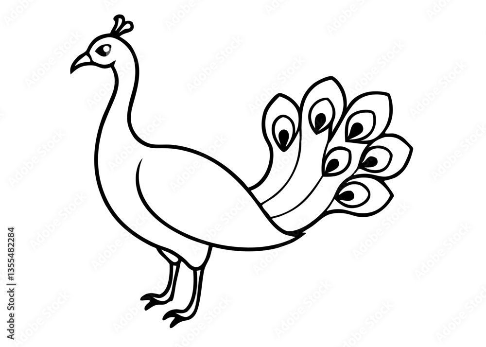 Obraz premium Peacock Elegance: A captivating black and white line drawing showcases a graceful peacock, exuding elegance with its iconic plumage. 