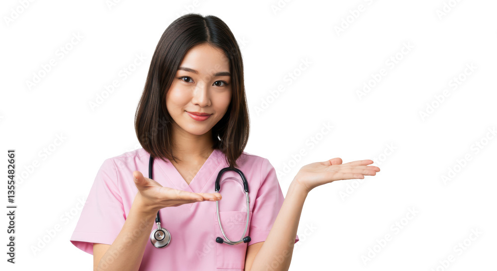 A Asian healthcare worker wearing scrubs and a stethoscope showcases important health information. The bright, isolated background highlights the focus on medical expertise and professionalism A Asian healthcare worker wearing scrubs and a stethoscope showcases important health information. The bright, isolated background highlights the focus on medical expertise and professionalism