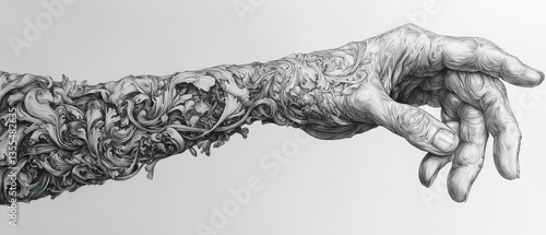 Intricate grayscale drawing of an arm and hand adorned with a detailed, flowing, ornamental design resembling vines or floral patterns