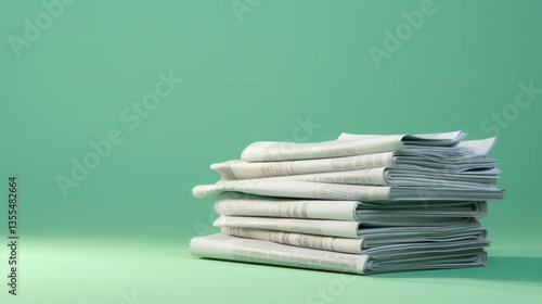 Stacked newspapers on green Still life with papers in studio setting