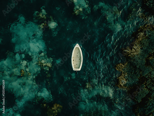 Small boat with teal sea, and aerial view.
