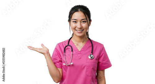 Asian Healthcare worker wearing pink scrubs and a stethoscope gestures with an inviting smile against a plain, isolated background. The atmosphere conveys warmth and professionalism
