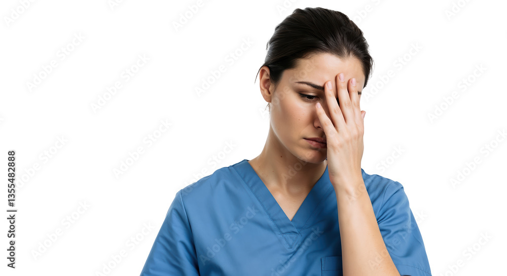 A healthcare worker in a blue uniform displays a stressed and tired expression. The isolated background emphasizes her concern for the medical field. A healthcare worker in a blue uniform displays a stressed and tired expression. The isolated background emphasizes her concern for the medical field.