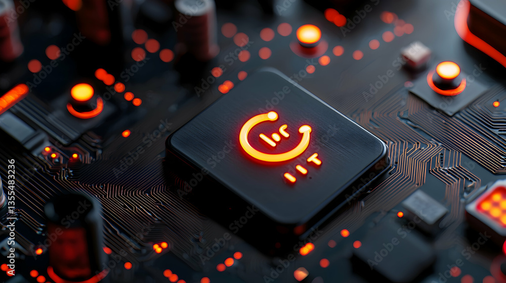 Fototapeta premium Red Glowing Circuit Board Button Power Technology