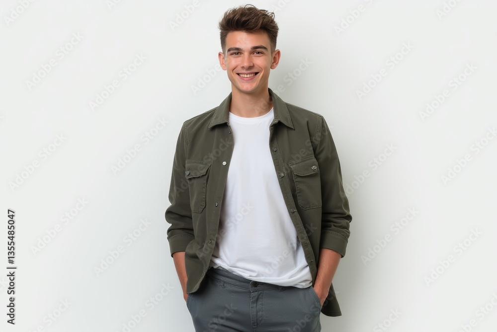 Fototapeta premium Half-Length (Waist-Up) portrait of young stylish smiling Liechtensteiner male model in preppy wear isolated on pure white background looking at camera