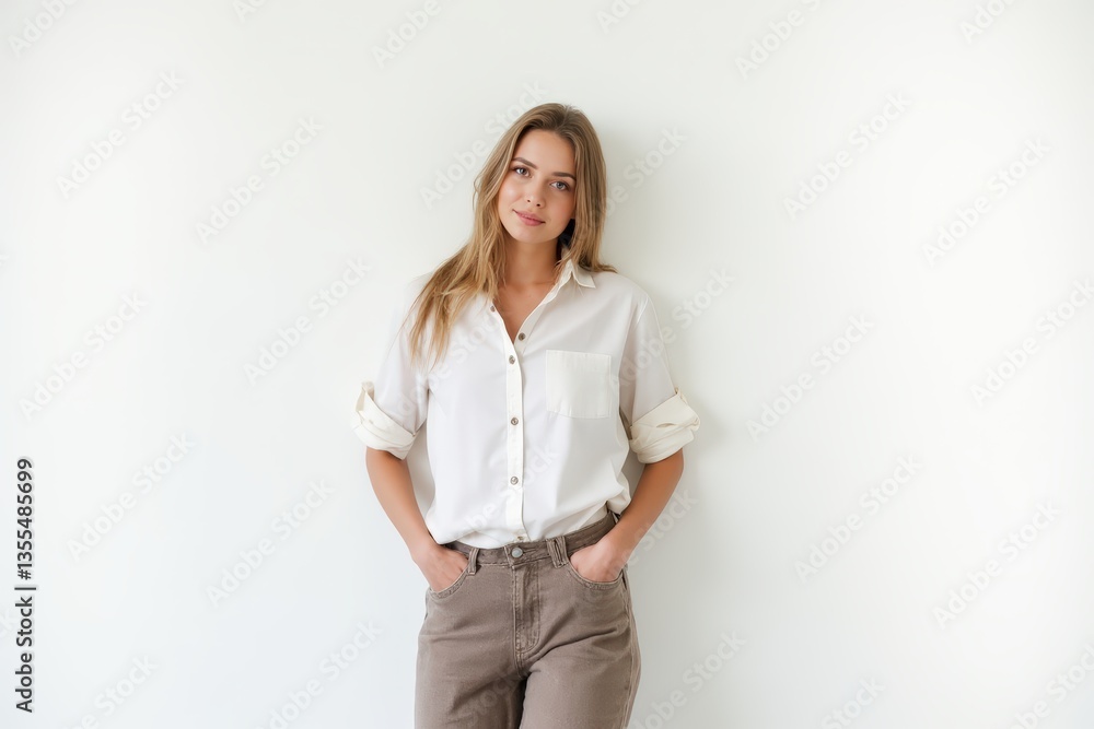 Half-Length (Waist-Up) portrait of young stylish smiling Liechtensteiner female model in casual wear isolated on pure white background looking at camera Half-Length (Waist-Up) portrait of young stylish smiling Liechtensteiner female model in casual wear isolated on pure white background looking at camera