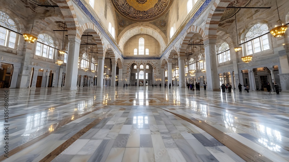 Fototapeta premium Stunning Interior of a Grand Mosque Featuring Intricate Architecture and Reflective Marble Flooring : Generative AI