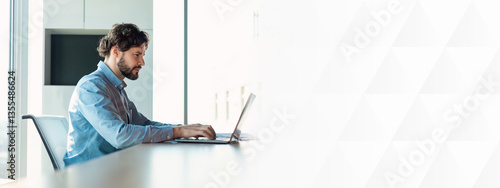 Profile Side View Portrait Of Focused Man Manager Working On Laptop Computer In Modern Office, Serious Guy Sitting At Desk And Using Pc, Businessman Typing On Keyboard, Checking Corporate Email