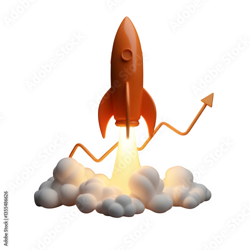 Futuristic 3D rocket launching with glowing exhaust and rising arrow symbolizing growth, success, and innovation. Modern design with a sleek aesthetic, perfect for business and startup concepts.