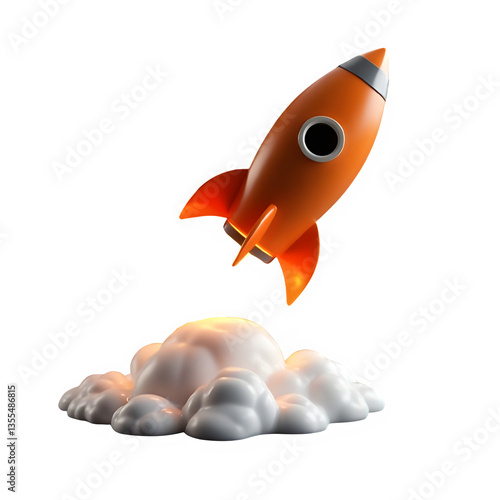 Futuristic 3D rocket launching with glowing exhaust and rising arrow symbolizing growth, success, and innovation. Modern design with a sleek aesthetic, perfect for business and startup concepts.