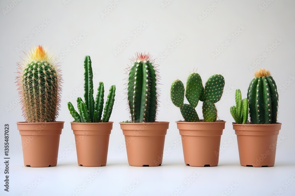 A row of potted cacti on a blank gray backdrop A row of potted cacti on a blank gray backdrop