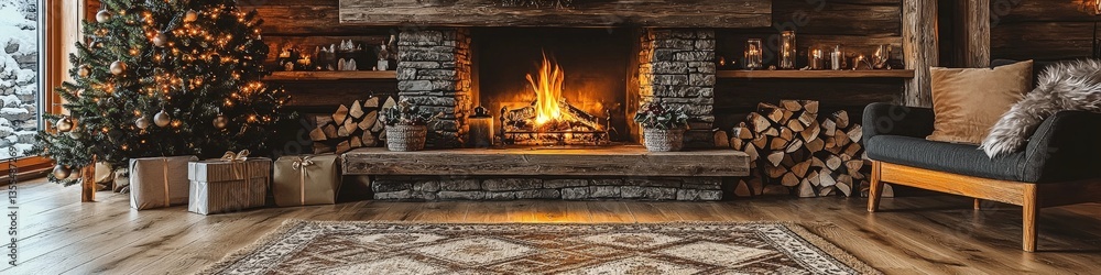 Obraz premium Cozy Christmas fireplace with gifts and armchair