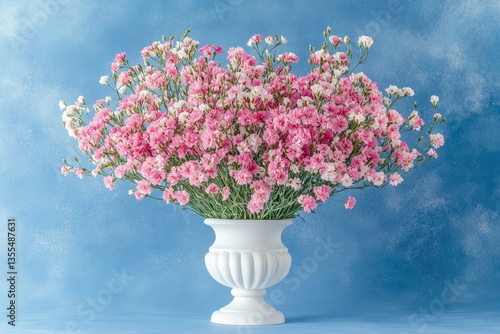 A subtle arrangement of pink statice blooms in a plain white vase set against a bold blue