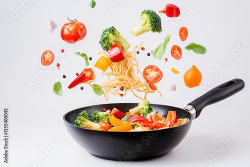 A white backdrop features a black pan of stir fried noodles and vegetables with veggies s