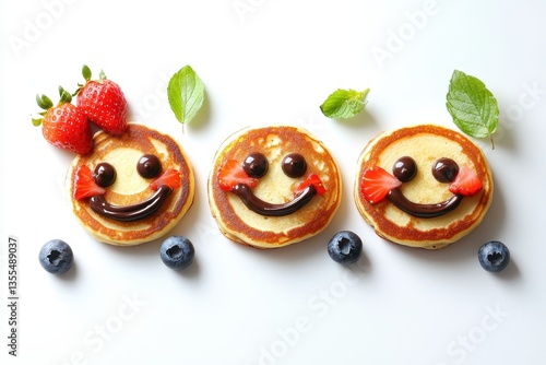 American pancakes shaped into smiling faces adorned with strawberries chocolate blueber