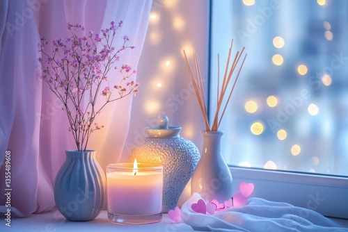 Aromatic candle ceramic vase and reed diffuser on a white metal table create a soothing