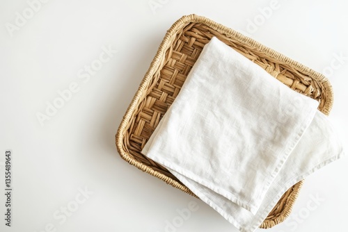 Arrangement of a linen tea towel on a wicker tray against a white backdrop