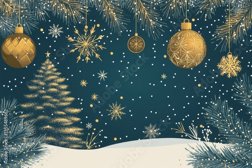 Art deco Christmas invitation vector featuring a tree baubles snowflakes and fireworks